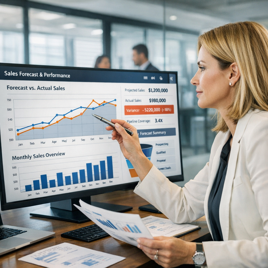Diretora comercial B2B analisando um dashboard de forecast e previsão de vendas em um CRM